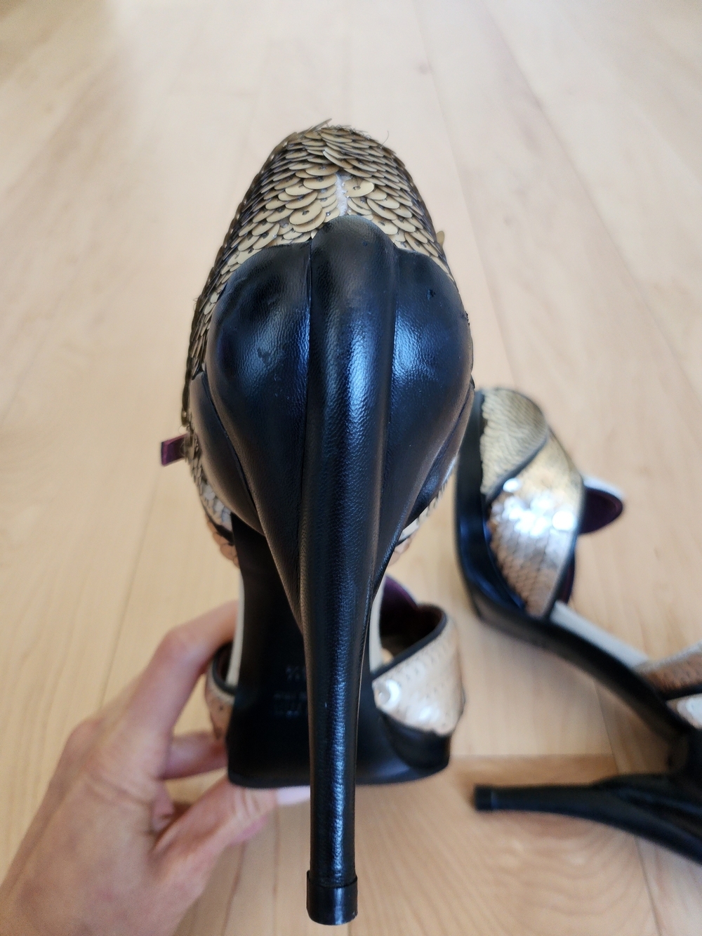 Vintage 50's Vibe Miu Miu Gold & White Sequin Peep-Toe Mary Jane Stiletto EU36.5 - Picture 7 of 9